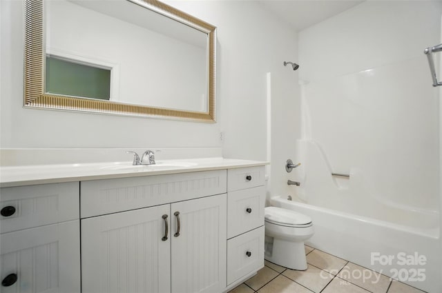 bathroom with toilet, bathtub / shower combination, tile patterned flooring, and vanity
