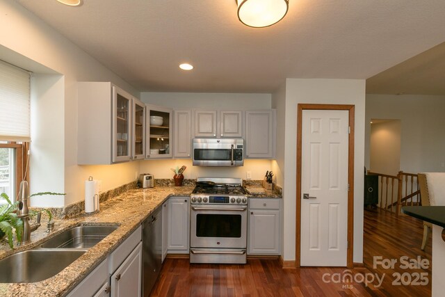 220 Stoney Falls Loop Unit C/2, Burnsville, NC 28714 - kitchen featuring appliances with stainless steel finishes, light stone counters, a sink, dark wood-style floors, and glass insert cabinets