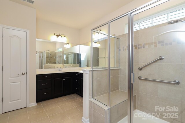 309 Kentmere Ln, Clover, SC 29710 - bathroom with vanity, tile patterned floors, visible vents, and a stall shower