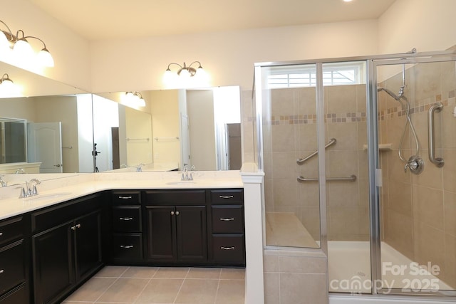 309 Kentmere Ln, Clover, SC 29710 - full bathroom with double vanity, tile patterned floors, a shower stall, and a sink