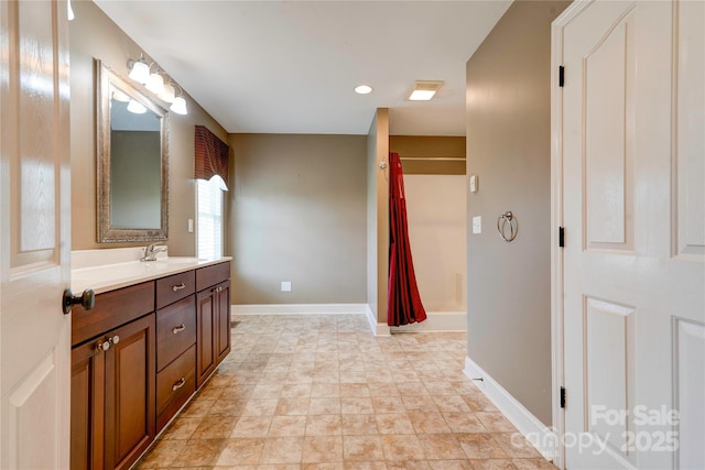 110 Carol Lyn Dr, Kings Mountain, NC 28086 - full bathroom with vanity, baseboards, and a shower with shower curtain