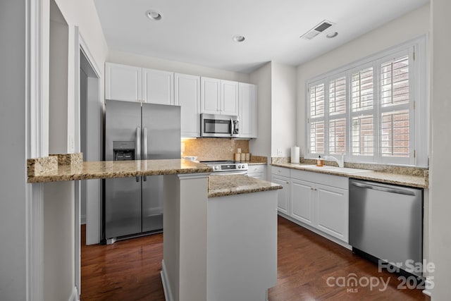 kitchen featuring white cabinetry, stainless steel appliances, visible vents, and a sink
