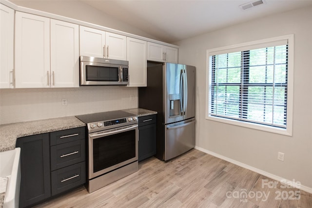 kitchen with white cabinets, appliances with stainless steel finishes, visible vents, light wood-type flooring, and vaulted ceiling