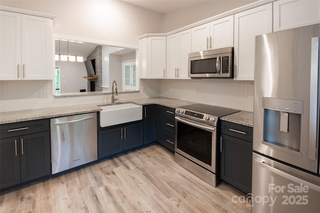 kitchen featuring a sink, white cabinets, light wood-style floors, and stainless steel appliances