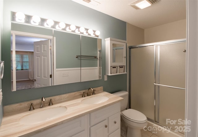 full bath with a sink, a stall shower, and visible vents
