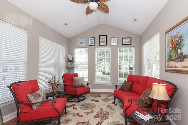 2114 N Castle Ct, Matthews, NC 28105 - living area with lofted ceiling, baseboards, a ceiling fan, and visible vents