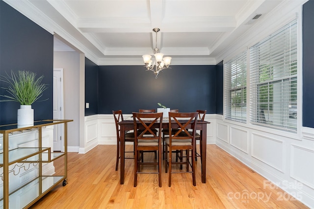 15807 Foreleigh Rd, Huntersville, NC 28078 - dining area featuring coffered ceiling, a chandelier, crown molding, beam ceiling, and wainscoting