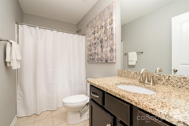 15807 Foreleigh Rd, Huntersville, NC 28078 - bathroom with vanity, toilet, tile patterned floors, and curtained shower