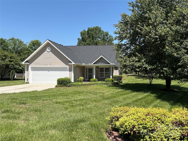 view of front facade with a front yard, a shingled roof, an attached garage, driveway, and a porch
