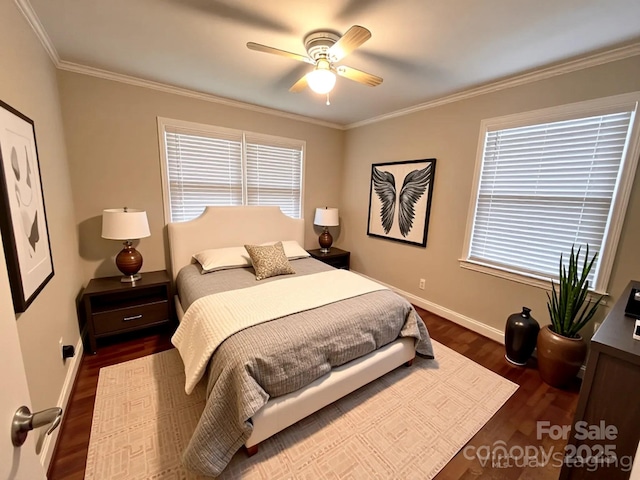 1723 Baskins Hill Rd, Heath Springs, SC 29058 - bedroom featuring dark wood-type flooring, ornamental molding, baseboards, and multiple windows