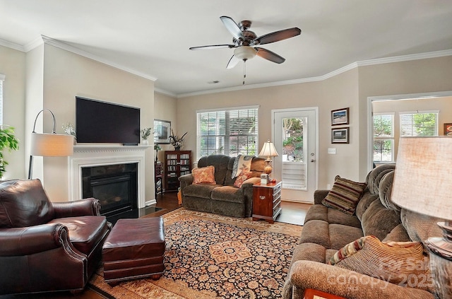 living room featuring a fireplace with flush hearth, ceiling fan, wood finished floors, and a wealth of natural light