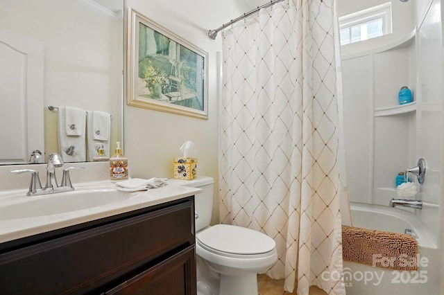 full bathroom with vanity, ornamental molding, shower / tub combo, and toilet