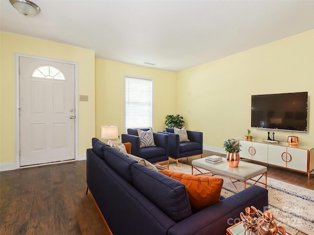 living room with baseboards and wood finished floors