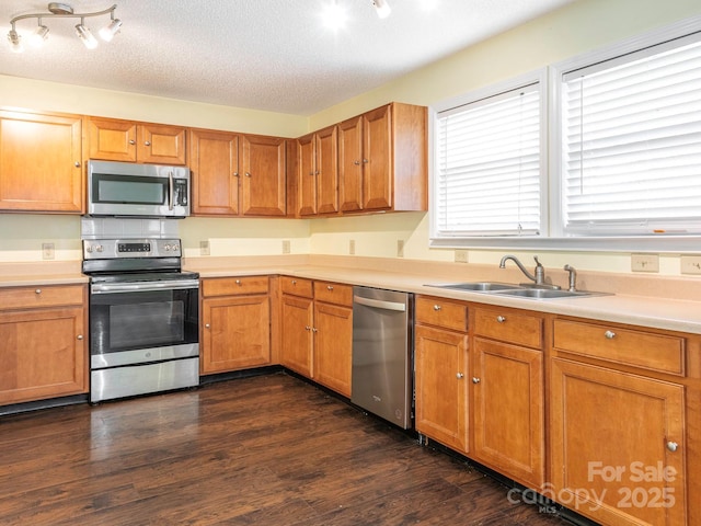 kitchen with light countertops, rail lighting, stainless steel appliances, and dark wood finished floors