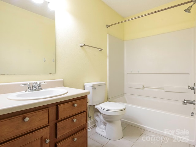 full bathroom featuring shower / bath combination, tile patterned floors, toilet, and vanity