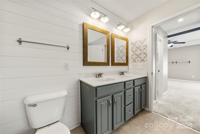 14625 Lyon Hill Ln, Huntersville, NC 28078 - full bathroom with ceiling fan, a sink, double vanity, toilet, and tile patterned floors