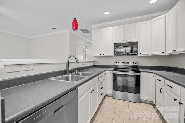 104 Clydesdale Ct, Matthews, NC 28104 - kitchen featuring black microwave, stainless steel range with electric cooktop, crown molding, white cabinets, and light tile patterned floors