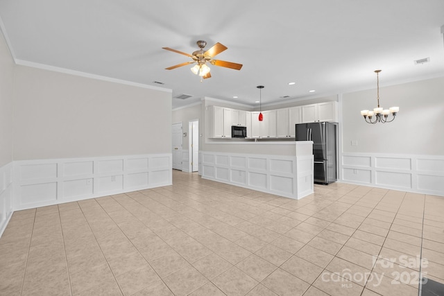 104 Clydesdale Ct, Matthews, NC 28104 - unfurnished living room with a decorative wall, crown molding, a chandelier, light tile patterned flooring, and ceiling fan