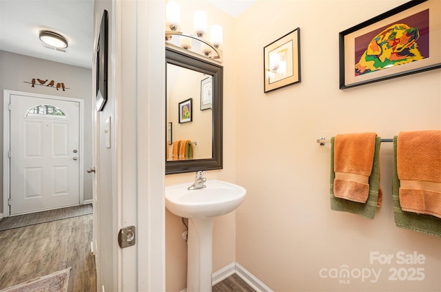 15318 Coventry Court Ln, Charlotte, NC 28277 - bathroom with baseboards, a sink, and wood finished floors