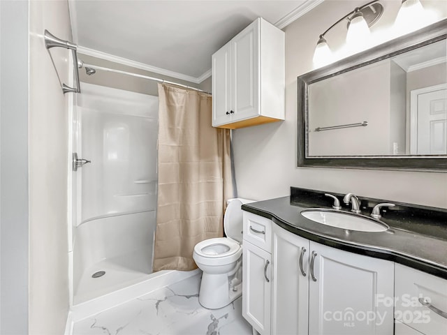 326 N Greenbriar Rd, Statesville, NC 28625 - full bathroom with crown molding, a shower stall, marble finish floor, and vanity