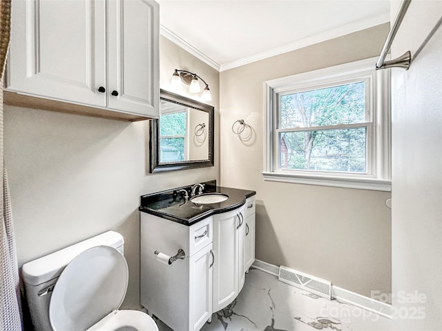 326 N Greenbriar Rd, Statesville, NC 28625 - half bath featuring vanity, marble finish floor, baseboards, visible vents, and ornamental molding