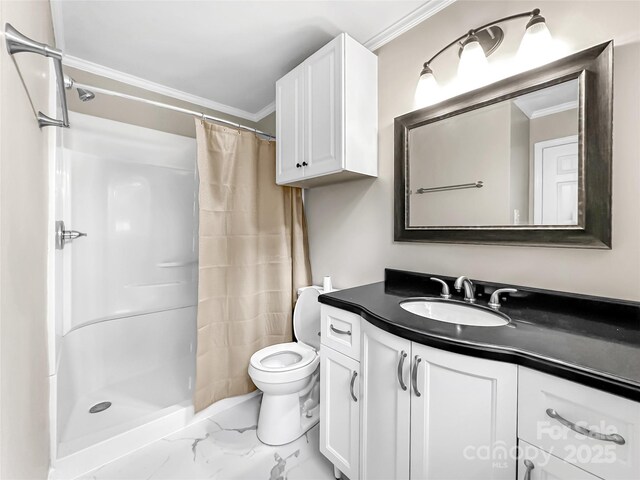 326 N Greenbriar Rd, Statesville, NC 28625 - bathroom with crown molding, marble finish floor, and a shower with shower curtain