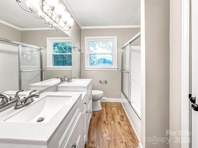 326 N Greenbriar Rd, Statesville, NC 28625 - full bath featuring vanity, ornamental molding, wood finished floors, toilet, and a stall shower