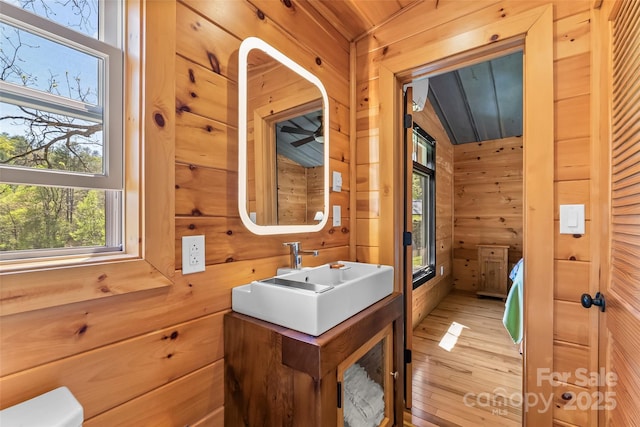 bathroom featuring vanity, wood walls, a healthy amount of sunlight, and hardwood / wood-style flooring