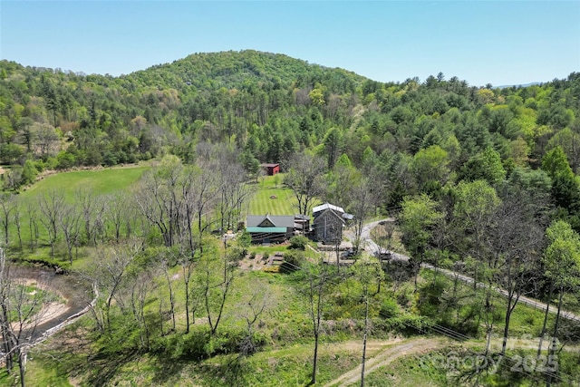 birds eye view of property featuring a wooded view