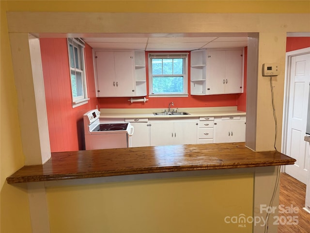 633 Ridge Rd, Marion, NC 28752 - kitchen featuring open shelves, a peninsula, white cabinetry, a sink, and white electric stove