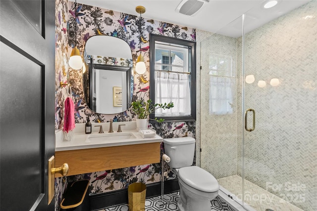 2509 Bay St, Charlotte, NC 28205 - full bath featuring toilet, vanity, a shower stall, and wallpapered walls