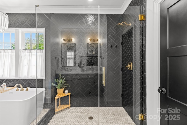2509 Bay St, Charlotte, NC 28205 - full bath with a freestanding tub, a stall shower, crown molding, and tile walls