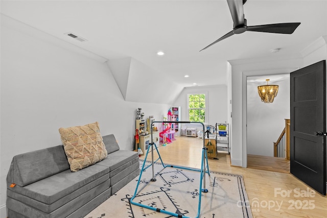 2509 Bay St, Charlotte, NC 28205 - office space featuring light wood-style flooring, lofted ceiling, a ceiling fan, recessed lighting, and a chandelier