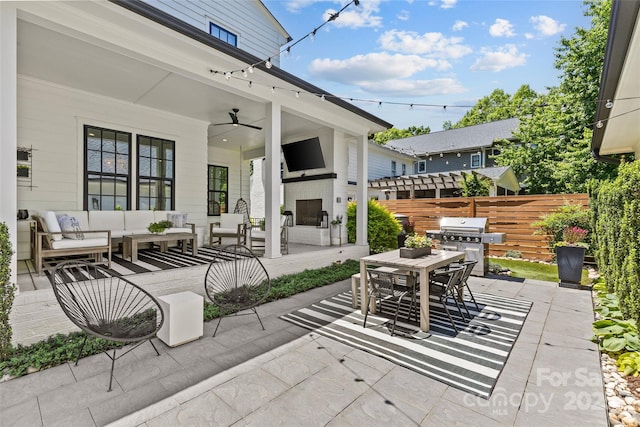 2509 Bay St, Charlotte, NC 28205 - view of patio / terrace featuring an outdoor living space with a fireplace, outdoor dining space, area for grilling, and ceiling fan