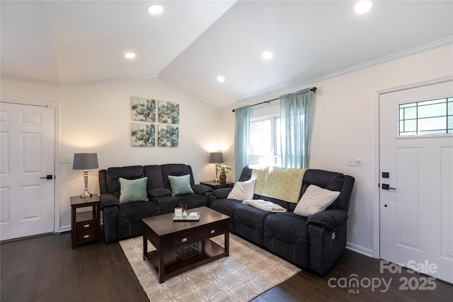 living room featuring crown molding, recessed lighting, plenty of natural light, and wood-type flooring