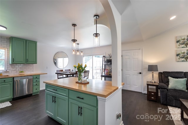 kitchen featuring wood counters, dark wood finished floors, green cabinetry, and dishwasher