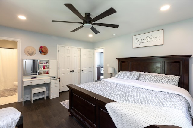 bedroom featuring a closet, recessed lighting, a ceiling fan, dark wood finished floors, and ensuite bath