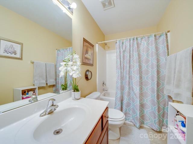 5076 Timber Falls Dr, Indian Land, SC 29707 - full bath with visible vents, vanity, toilet, shower / bathtub combination with curtain, and tile patterned floors