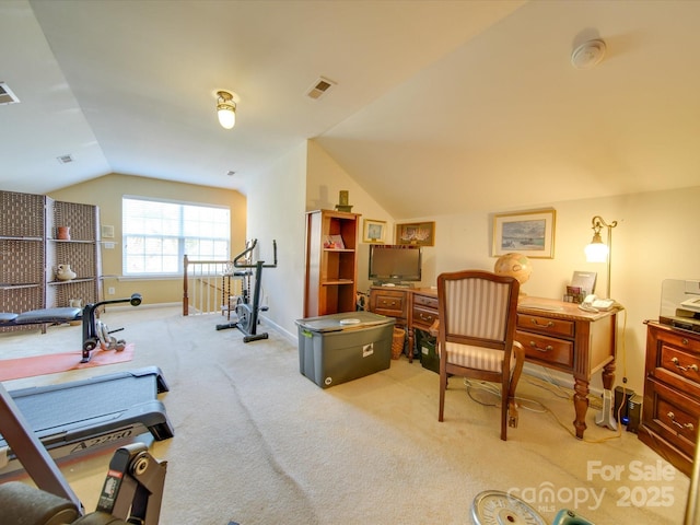 5076 Timber Falls Dr, Indian Land, SC 29707 - office area featuring baseboards, light carpet, vaulted ceiling, and visible vents