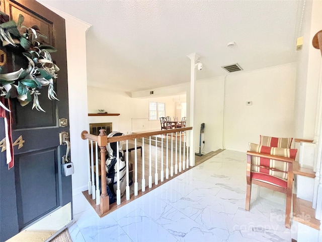 944 Evian Ln, Matthews, NC 28015 - hallway featuring marble finish flooring and an upstairs landing