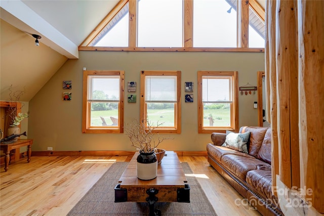 living area featuring baseboards, light wood finished floors, and lofted ceiling