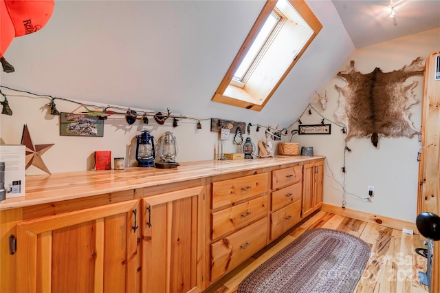 bathroom with lofted ceiling with skylight and wood finished floors