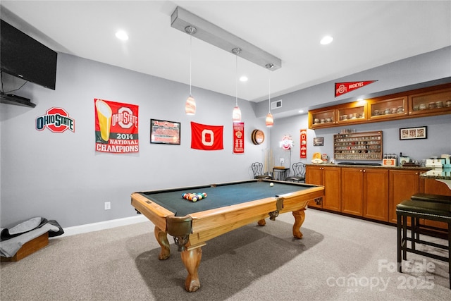 146 Paradise Peninsula Rd, Mooresville, NC 28117 - playroom with light colored carpet, billiards, visible vents, and recessed lighting