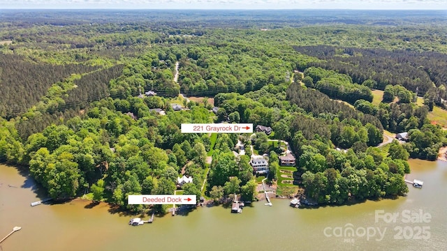 aerial view with a water view and a forest view