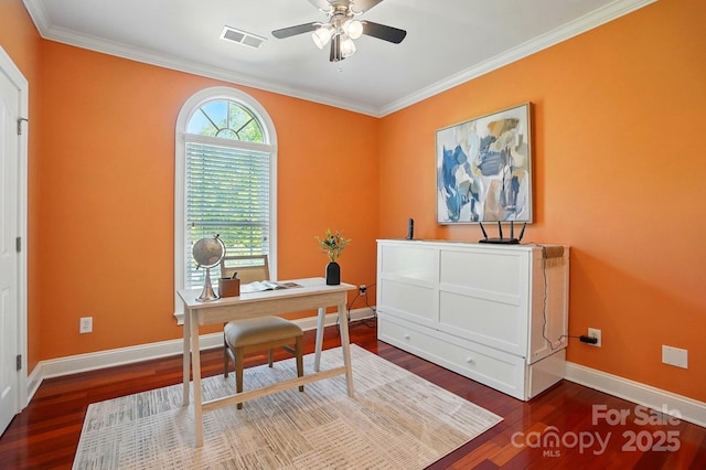 home office with ceiling fan, dark wood-style flooring, visible vents, baseboards, and ornamental molding