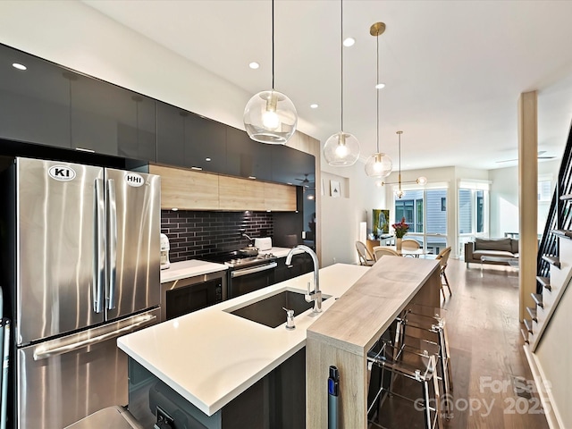 kitchen with appliances with stainless steel finishes, a sink, dark cabinetry, an island with sink, and tasteful backsplash