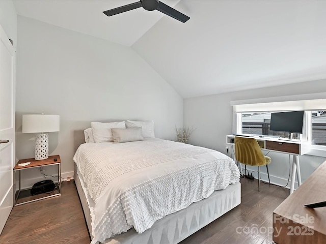 bedroom with wood finished floors, a ceiling fan, and lofted ceiling