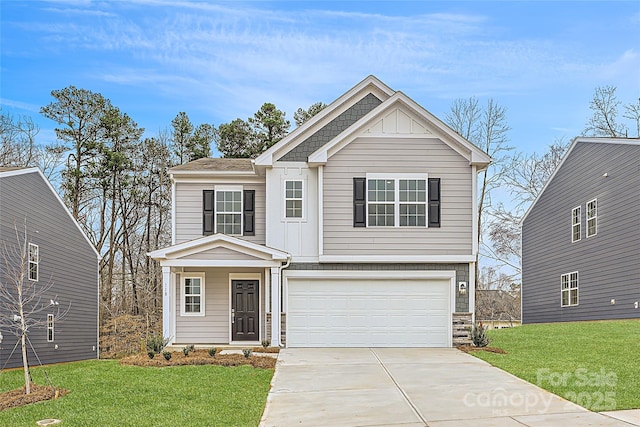 view of front of property featuring an attached garage, a front lawn, stone siding, board and batten siding, and concrete driveway