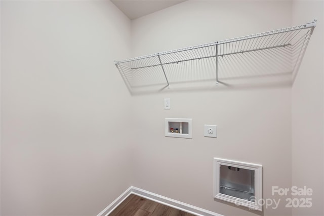 washroom with laundry area, baseboards, dark wood finished floors, washer hookup, and hookup for an electric dryer