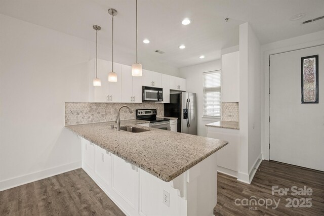 1101 W 1st St Unit 408, Charlotte, NC 28202 - kitchen with stainless steel appliances, a sink, a peninsula, dark wood-style floors, and tasteful backsplash